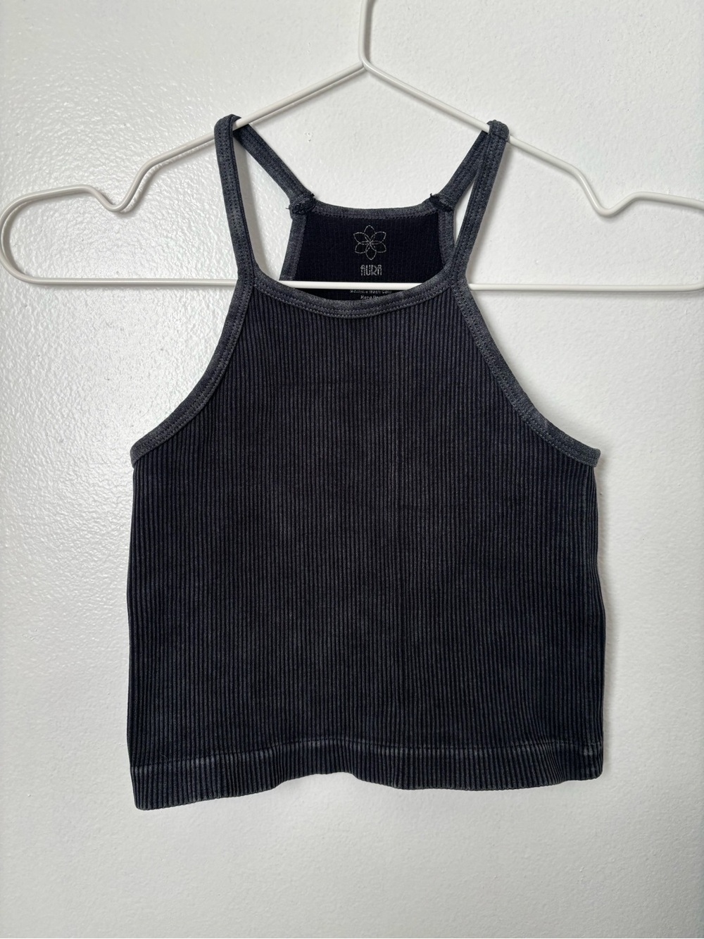 Aura Black Ribbed Halter Crop Tank